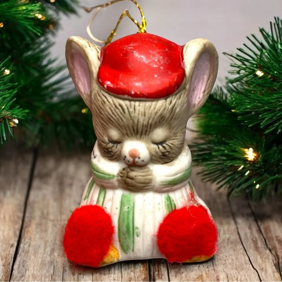VINTAGE Jasco Sleeping Mouse in Pajamas & Cap Ornament Bell - Picture 5 of 6